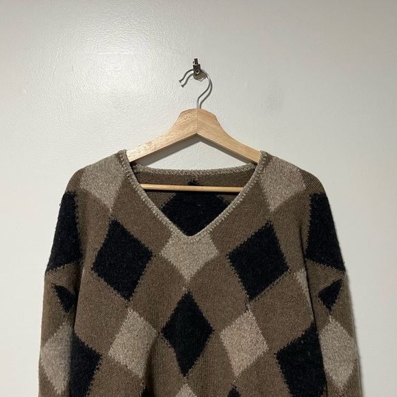 Cozy Argyle Pattern Knit Lambswool Sweater Brown Black Beige Diamond Print - Picture 5 of 10